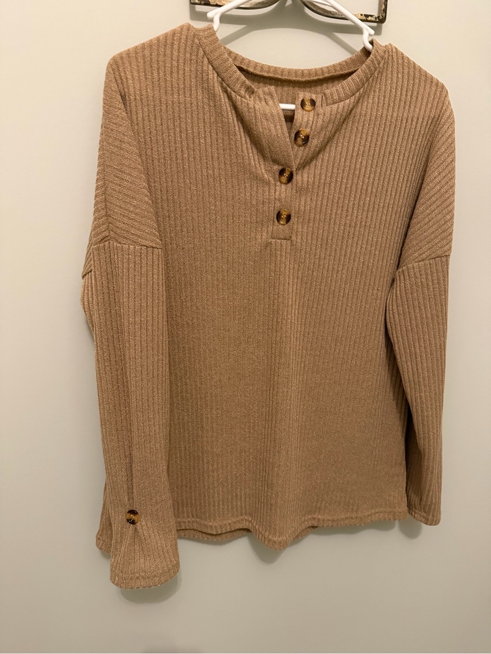 Amazon Ribbed Henley Top - Tan - Picture 3 of 5